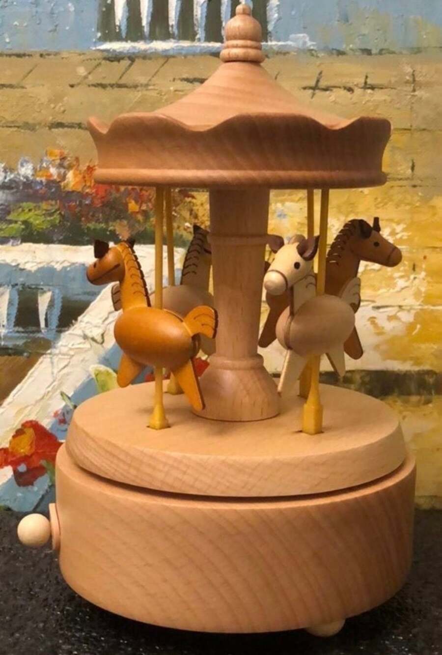 Wooderful Life Wooden Carousel Music Box 4 Horses Wind-Up